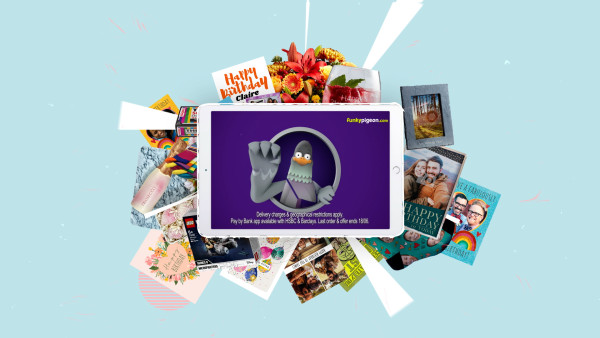 Collection of cards and photographs with a graphic of Funky Pigeon